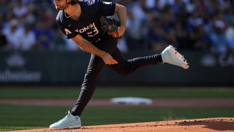 Jul 11, 2023; Seattle, Washington, USA; National League pitcher Zac Gallen of the Arizona Diamondbacks (23) throws a pitch against the American League during the first inning at T-Mobile Park. Mandatory Credit: Stephen Brashear-USA TODAY Sports