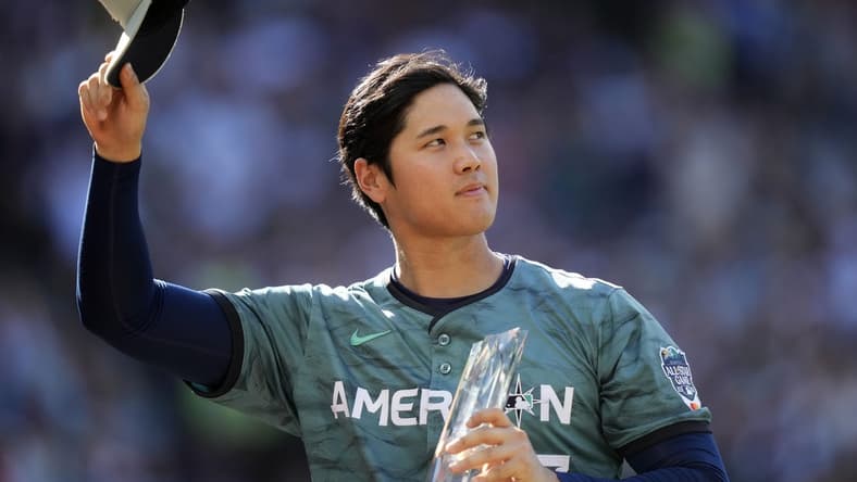 Jul 11, 2023; Seattle, Washington, USA; American League designated hitter/pitcher Shohei Ohtani of the Los Angeles Angels of Anaheim (17) reacts during the second inning at T-Mobile Park. Mandatory Credit: Stephen Brashear-USA TODAY Sports