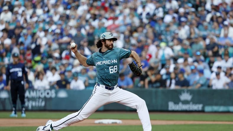 Jul 11, 2023; Seattle, Washington, USA; American League pitcher Jordan Romano of the Toronto Blue Jays (68) pitches against the National League during the seventh inning of the 2023 MLB All Star Game at T-Mobile Park. Mandatory Credit: Joe Nicholson-USA TODAY Sports