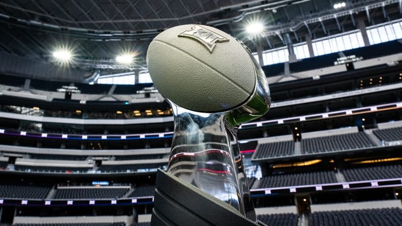July 12, 2023; Arlington, TX, USA; The Big 12 Championship Trophy on display during the first day of Big 12 Media Days in AT&T Stadium in Arlington, Texas, July 12, 2023. Mandatory Credit: Sara Diggins-USA TODAY Sports