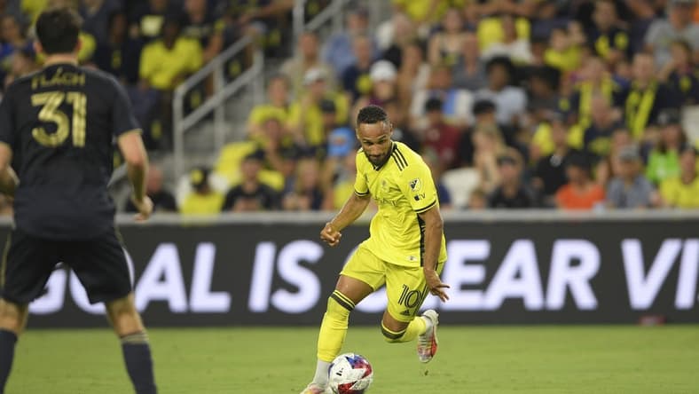 Jul 12, 2023; Nashville, Tennessee, USA; Nashville SC midfielder Hany Mukhtar (10) dribbles the ball in the second half against the Philadelphia Union at Geodis Park. Mandatory Credit: Steve Roberts-USA TODAY Sports