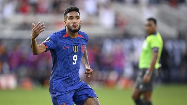 Jul 12, 2023; San Diego, Californina, USA; United States forward Jesus Ferreira (9) celebrates after scoring a goal against Panama during extra time at Snapdragon Stadium. Mandatory Credit: Orlando Ramirez-USA TODAY Sports