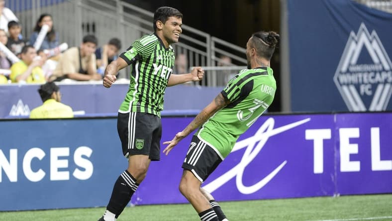 Jul 12, 2023; Vancouver, British Columbia, CAN;  Austin FC forward Rodney Redes (11) celebrates his goal against Vancouver Whitecaps FC goalkeeper Yohei Takaoka (18)(not pictured) during the second half at BC Place. Mandatory Credit: Anne-Marie Sorvin-USA TODAY Sports