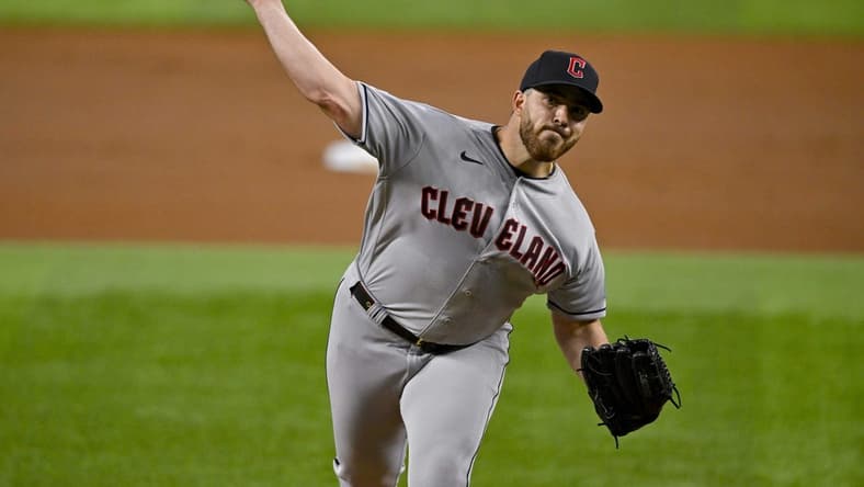 Jul 14, 2023; Arlington, Texas, USA; Cleveland Guardians starting pitcher Aaron Civale (43) pitches against the Texas Rangers during the first inning at Globe Life Field. Mandatory Credit: Jerome Miron-USA TODAY Sports