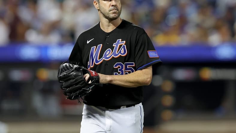 Jul 14, 2023; New York City, New York, USA; New York Mets starting pitcher Justin Verlander (35) reacts after giving up three runs to the Los Angeles Dodgers during the fifth inning at Citi Field. Mandatory Credit: Brad Penner-USA TODAY Sports