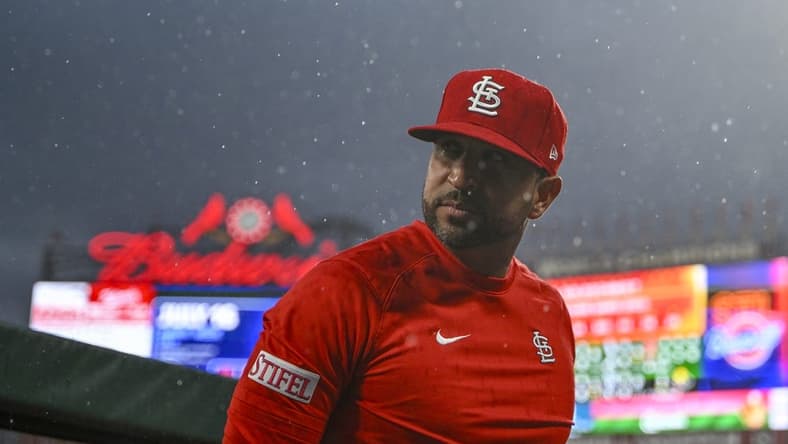 Jul 14, 2023; St. Louis, Missouri, USA; St. Louis Cardinals manager Oliver Marmol (37) leaves the dugout after a rain delay was announced during the third inning against the Washington Nationals at Busch Stadium. Mandatory Credit: Jeff Curry-USA TODAY Sports
