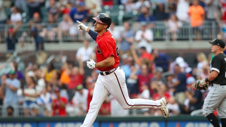 Jul 14, 2023; Atlanta, Georgia, USA; Atlanta Braves first baseman Matt Olson (28) reacts after a grand slam against the Chicago White Sox in the first inning at Truist Park. Mandatory Credit: Brett Davis-USA TODAY Sports