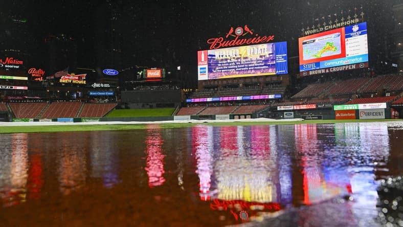 Jul 14, 2023; St. Louis, Missouri, USA; A general view of the Busch Stadium scoreboard during a rain delayed game between the St. Louis Cardinals and the Washington Nationals. Mandatory Credit: Jeff Curry-USA TODAY Sports