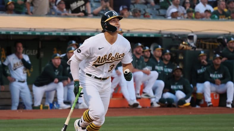Jul 14, 2023; Oakland, California, USA; Oakland Athletics designated hitter Tyler Soderstrom (37) watches the ball as he fouls out against the Minnesota Twins during the first inning at Oakland-Alameda County Coliseum. Mandatory Credit: Kelley L Cox-USA TODAY Sports