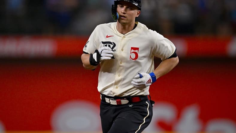 Jul 14, 2023; Arlington, Texas, USA; Texas Rangers shortstop Corey Seager (5) rounds the bases after he hits a home run against the Cleveland Guardians during the eighth inning at Globe Life Field. Mandatory Credit: Jerome Miron-USA TODAY Sports