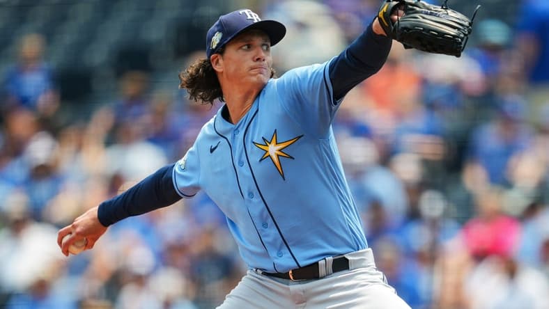 Jul 15, 2023; Kansas City, Missouri, USA; Tampa Bay Rays starting pitcher Tyler Glasnow (20) pitches during the first inning against the Kansas City Royals at Kauffman Stadium. Mandatory Credit: Jay Biggerstaff-USA TODAY Sports