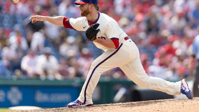 Jul 15, 2023; Philadelphia, Pennsylvania, USA; Philadelphia Phillies relief pitcher Craig Kimbrel (31) throws a pitch during the ninth inning against the San Diego Padres at Citizens Bank Park. Mandatory Credit: Bill Streicher-USA TODAY Sports