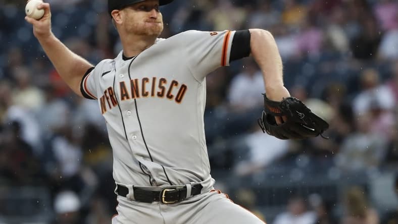 Jul 15, 2023; Pittsburgh, Pennsylvania, USA; San Francisco Giants starting pitcher Alex Cobb (38) delivers against the Pittsburgh Pirates during the first inning at PNC Park. Mandatory Credit: Charles LeClaire-USA TODAY Sports