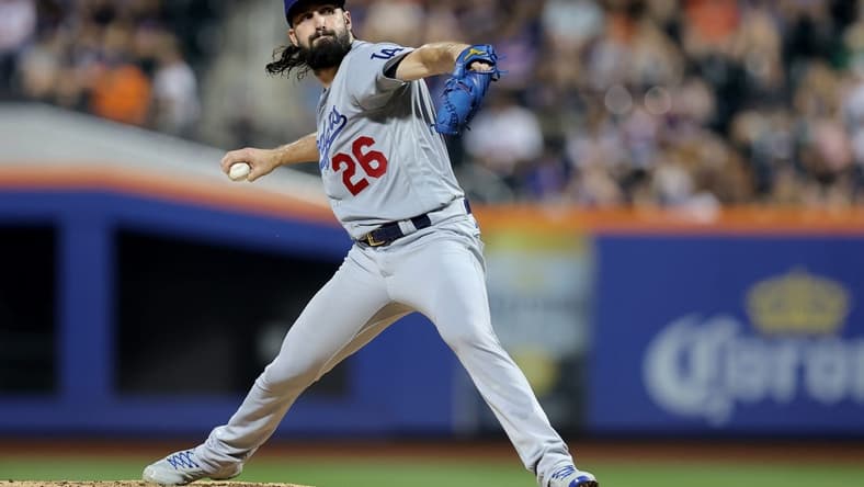 Jul 15, 2023; New York City, New York, USA; Los Angeles Dodgers starting pitcher Tony Gonsolin (26) pitches against the New York Mets during the second inning at Citi Field. Mandatory Credit: Brad Penner-USA TODAY Sports