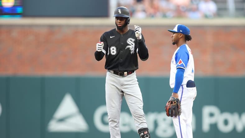 Jul 15, 2023; Atlanta, Georgia, USA; Chicago White Sox center fielder Luis Robert Jr. (88) reacts after a two-run double against the Atlanta Braves in the third inning at Truist Park. Mandatory Credit: Brett Davis-USA TODAY Sports