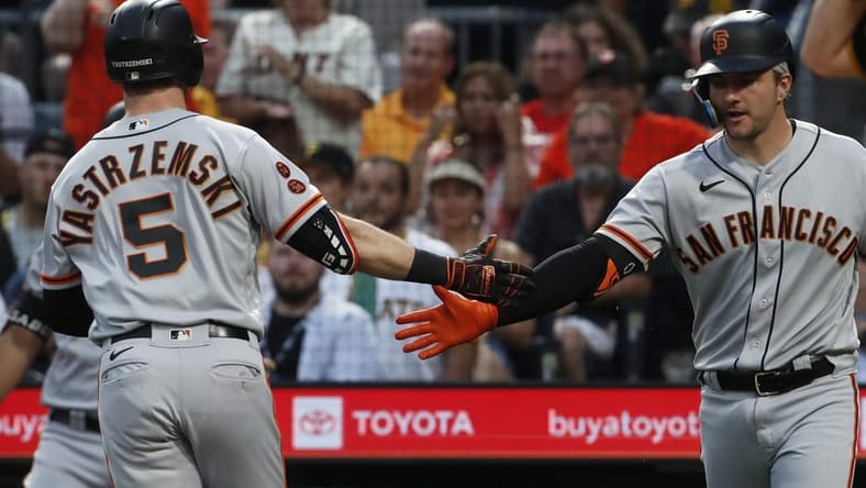 Jul 15, 2023; Pittsburgh, Pennsylvania, USA;  San Francisco Giants catcher Patrick Bailey (right) greets center fielder Mike Yastrzemski (5) crossing home plate on a solo home run against the Pittsburgh Pirates during the second inning at PNC Park. Mandatory Credit: Charles LeClaire-USA TODAY Sports