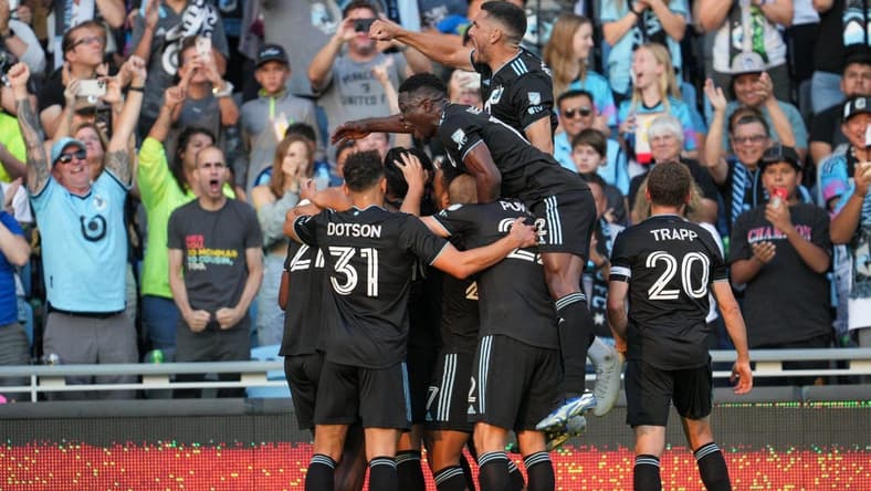 Jul 15, 2023; Saint Paul, Minnesota, USA; The Minnesota United team celebrates a goal by Minnesota United midfielder Emanuel Reynoso (10) in the first half against Los Angeles FC at Allianz Field. Mandatory Credit: Matt Blewett-USA TODAY Sports