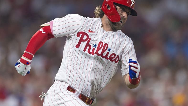 Jul 15, 2023; Philadelphia, Pennsylvania, USA; Philadelphia Phillies designated hitter Bryce Harper (3) runs the bases after hitting a double during the fifth inning against the San Diego Padres at Citizens Bank Park. Mandatory Credit: Bill Streicher-USA TODAY Sports