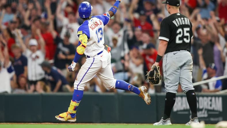 Jul 15, 2023; Atlanta, Georgia, USA; Atlanta Braves right fielder Ronald Acuna Jr. (13) reacts after a home run against the Chicago White Sox in the ninth inning at Truist Park. Mandatory Credit: Brett Davis-USA TODAY Sports