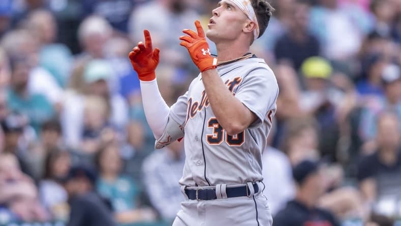 Jul 15, 2023; Seattle, Washington, USA; Detroit Tigers right fielder Kerry Carpenter (30) celebrates while rounding the bases after hitting a solo home run of Seattle Mariners starting pitcher George Kirby (68) during the second inning at T-Mobile Park. Mandatory Credit: Stephen Brashear-USA TODAY Sports