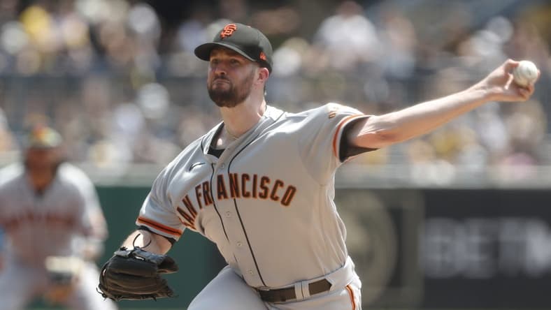 Jul 16, 2023; Pittsburgh, Pennsylvania, USA; San Francisco Giants starting pitcher Alex Wood (57) delivers a pitch against the Pittsburgh Pirates during the first inning at PNC Park. Mandatory Credit: Charles LeClaire-USA TODAY Sports