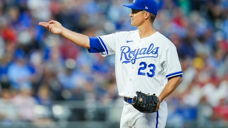 Jun 12, 2023; Kansas City, Missouri, USA; Kansas City Royals starting pitcher Zack Greinke (23) reacts during the fifth inning against the Cincinnati Reds at Kauffman Stadium. Mandatory Credit: Jay Biggerstaff-USA TODAY Sports