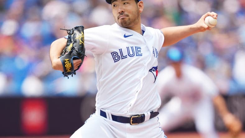 Jul 16, 2023; Toronto, Ontario, CAN; Toronto Blue Jays starting pitcher Yusei Kikuchi (16) throws pitch against the Arizona Diamondbacks during the first inning at Rogers Centre. Mandatory Credit: Nick Turchiaro-USA TODAY Sports