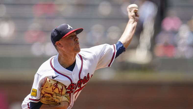 Jul 16, 2023; Cumberland, Georgia, USA; Atlanta Braves starter pitcher Kolby Allard (49) pitches against the Chicago White Sox during the first inning at Truist Park. Mandatory Credit: Dale Zanine-USA TODAY Sports
