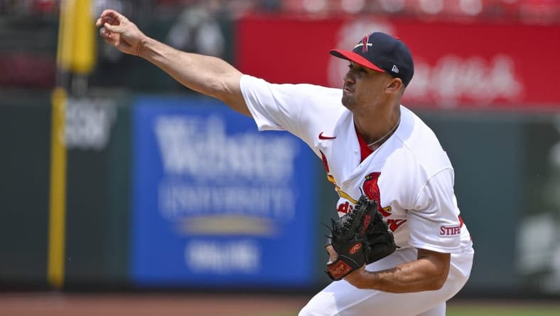 Jul 16, 2023; St. Louis, Missouri, USA; St. Louis Cardinals starting pitcher Jack Flaherty (22) pitches against the Washington Nationals during the second inning at Busch Stadium. Mandatory Credit: Jeff Curry-USA TODAY Sports