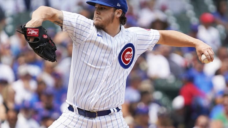Jul 16, 2023; Chicago, Illinois, USA; Chicago Cubs starting pitcher Justin Steele (35) throws the ball against the Boston Red Sox during the first inning at Wrigley Field. Mandatory Credit: David Banks-USA TODAY Sports