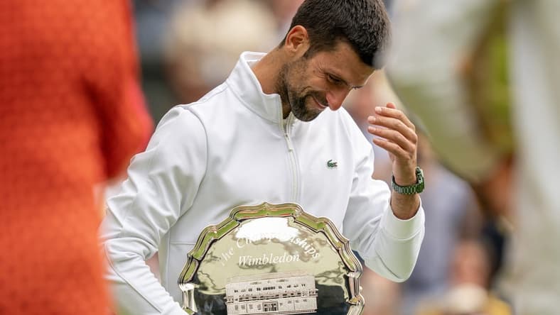 Jul 16, 2023; London, United Kingdom; Novak Djokovic (SRB) at the trophy presentation after losing the men s singles final against Carlos Alcaraz (ESP)on day 14 at the All England Lawn Tennis and Croquet Club. Mandatory Credit: Susan Mullane-USA TODAY Sports