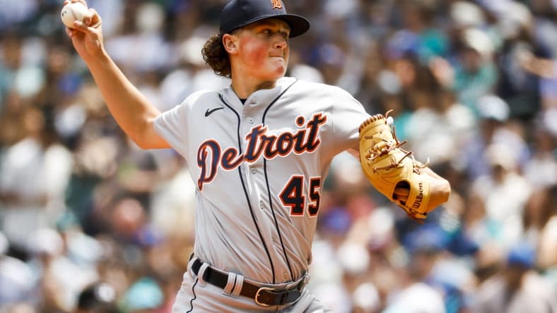 Jul 16, 2023; Seattle, Washington, USA; Detroit Tigers starting pitcher Reese Olson (45) throws against the Seattle Mariners during the first inning at T-Mobile Park. Mandatory Credit: Joe Nicholson-USA TODAY Sports