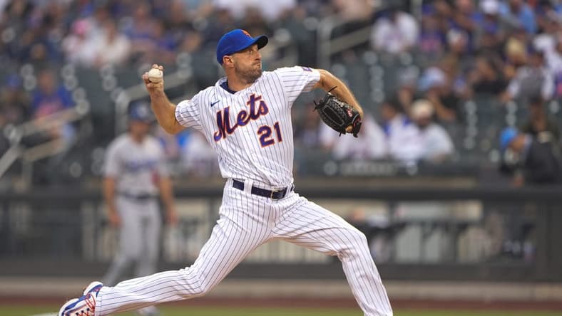 Jul 16, 2023; New York City, New York, USA; New York Mets pitcher Max Scherzer (21) delivers a pitch against the Los Angeles Dodgers during the first inning at Citi Field. Mandatory Credit: Gregory Fisher-USA TODAY Sports