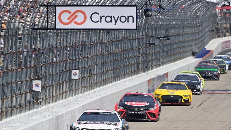 Jul 17, 2023; Loudon, New Hampshire, USA; NASCAR Cup Series driver Martin Truex Jr. (19) leads the pack down the front straightaway during the Crayon 301 at New Hampshire Motor Speedway. Mandatory Credit: Eric Canha-USA TODAY Sports