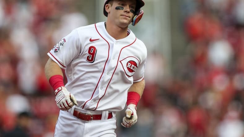 Jul 17, 2023; Cincinnati, Ohio, USA; Cincinnati Reds shortstop Matt McLain (9) runs the bases after hitting a solo home run in the first inning against the San Francisco Giants at Great American Ball Park. Mandatory Credit: Katie Stratman-USA TODAY Sports