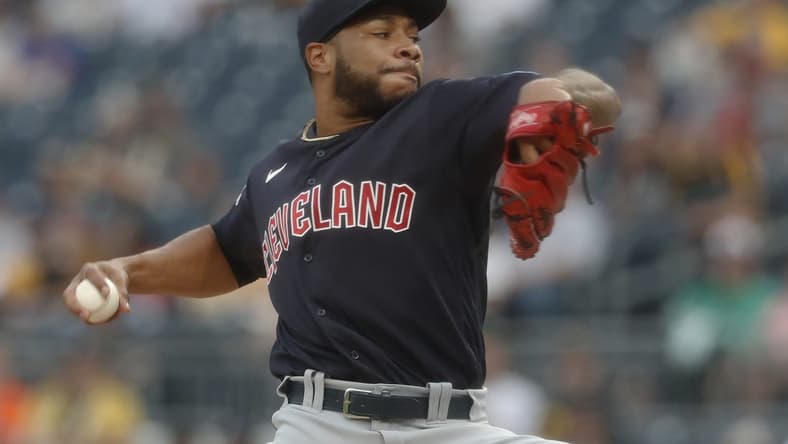 Jul 17, 2023; Pittsburgh, Pennsylvania, USA;  Cleveland Guardians starting pitcher Xzavion Curry (44) delivers a pitch against the Pittsburgh Pirates during the first inning at PNC Park. Mandatory Credit: Charles LeClaire-USA TODAY Sports