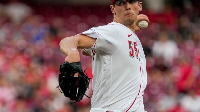 Cincinnati Reds starting pitcher Brandon Williamson (55) throws a pitch in the third inning of the MLB National League game between the Cincinnati Reds and the San Francisco Giants at Great American Ball Park in downtown Cincinnati on Monday, July 17, 2023. The game was tied 1-1 after five innings.