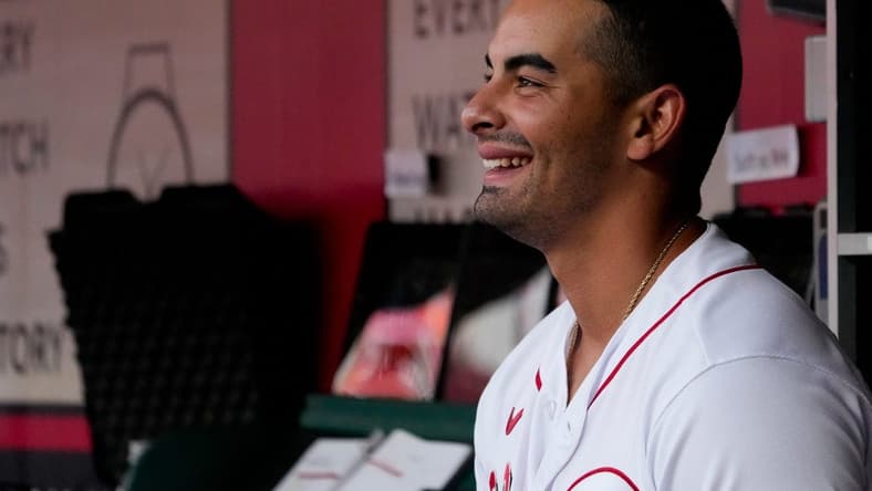 Cincinnati Reds designated hitter Christian Encarnacion-Strand (33) watches from the dugout in the first inning of the MLB National League game between the Cincinnati Reds and the San Francisco Giants at Great American Ball Park in downtown Cincinnati on Monday, July 17, 2023. The game was tied 1-1 after five innings.