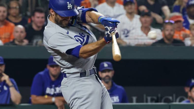 Jul 17, 2023; Baltimore, Maryland, USA; Los Angeles Dodgers shortstop Chris Taylor (3) hits a sixth inning grand slam against the Baltimore Orioles at Oriole Park at Camden Yards. Mandatory Credit: Tommy Gilligan-USA TODAY Sports