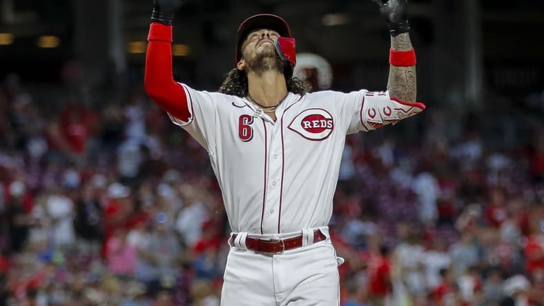 Jul 17, 2023; Cincinnati, Ohio, USA; Cincinnati Reds second baseman Jonathan India (6) reacts after hitting a solo home run in the seventh inning against the San Francisco Giants at Great American Ball Park. Mandatory Credit: Katie Stratman-USA TODAY Sports