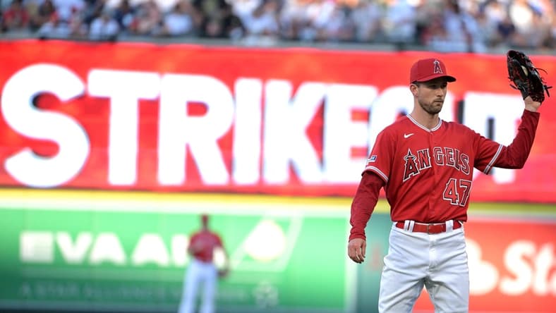 Jul 17, 2023; Anaheim, California, USA; Los Angeles Angels starting pitcher Griffin Canning (47) pitches in the second inning against the New York Yankees at Angel Stadium. Mandatory Credit: Jayne Kamin-Oncea-USA TODAY Sports