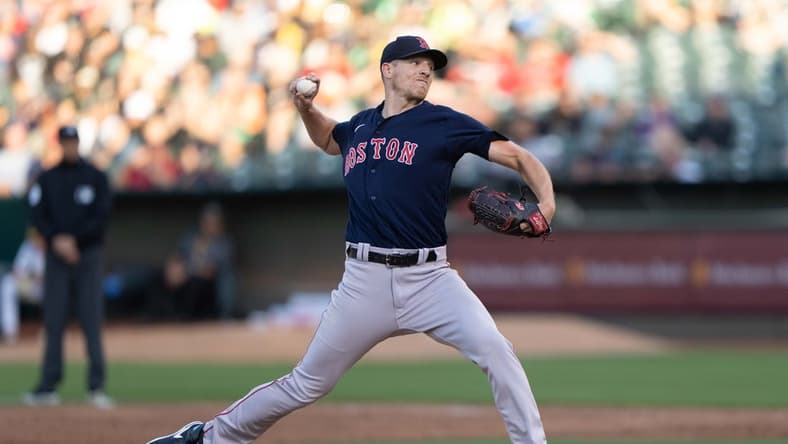 Jul 17, 2023; Oakland, California, USA; Boston Red Sox starting pitcher Nick Pivetta (37) pitches during the third inning against the Oakland Athletics at Oakland-Alameda County Coliseum. Mandatory Credit: Stan Szeto-USA TODAY Sports