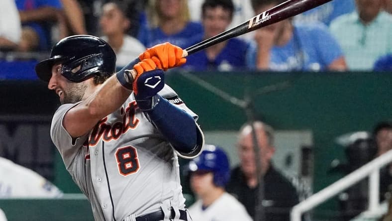 Jul 17, 2023; Kansas City, Missouri, USA; Detroit Tigers right fielder Matt Vierling (8) his a two-run double against the Kansas City Royals in the eighth inning at Kauffman Stadium. Mandatory Credit: Denny Medley-USA TODAY Sports