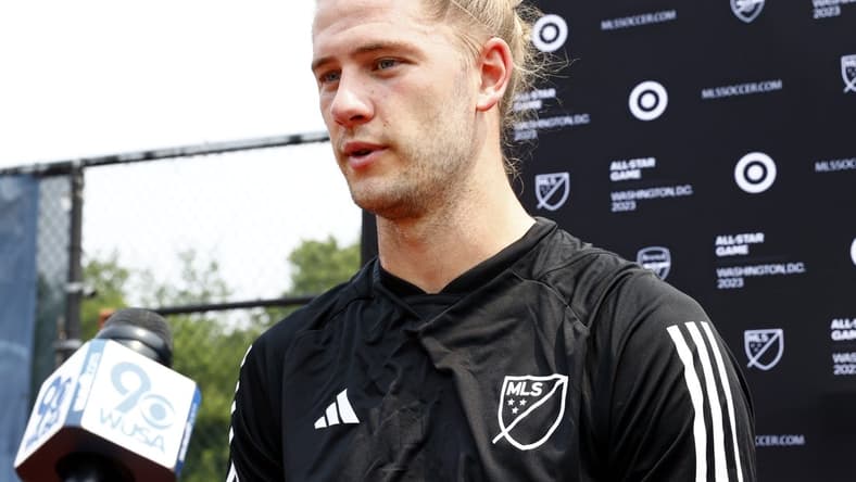 Jul 17, 2023; Washington, D.C., USA; MLS defender Walker Zimmerman (25) of Nashville SC is interviewed during a training session prior to the 2023 MLS All Star Game at American University-Reeves Athletic Complex. Mandatory Credit: Amber Searls-USA TODAY Sports