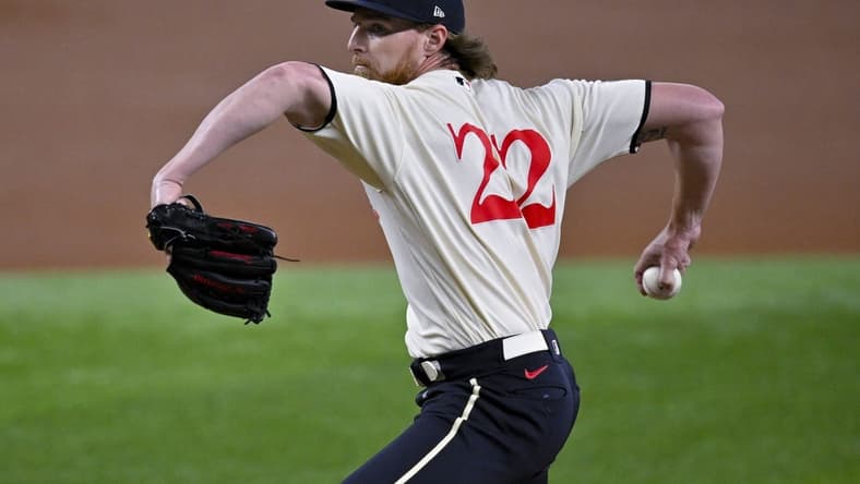 Jul 14, 2023; Arlington, Texas, USA; Texas Rangers starting pitcher Jon Gray (22) in action during the game between the Texas Rangers and the Cleveland Guardians at Globe Life Field. Mandatory Credit: Jerome Miron-USA TODAY Sports