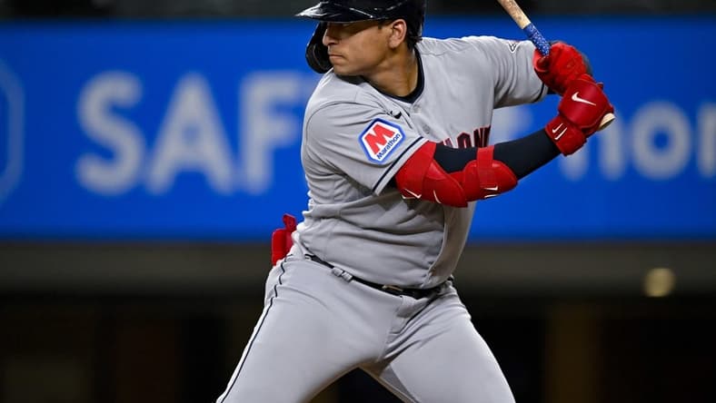 Jul 14, 2023; Arlington, Texas, USA; Cleveland Guardians first baseman Josh Naylor (22) in action during the game between the Texas Rangers and the Cleveland Guardians at Globe Life Field. Mandatory Credit: Jerome Miron-USA TODAY Sports