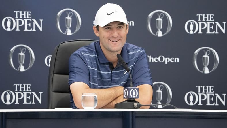 July 18, 2023; Hoylake, ENGLAND, GBR; Scottie Scheffler addresses the media in a press conference during a practice round of The Open Championship golf tournament at Royal Liverpool. Mandatory Credit: Kyle Terada-USA TODAY Sports