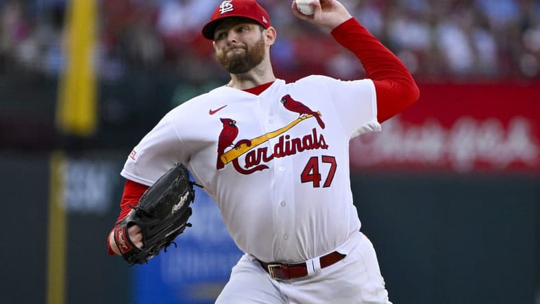 Jul 18, 2023; St. Louis, Missouri, USA; St. Louis Cardinals starting pitcher Jordan Montgomery (47) pitches against the Miami Marlins during the second inning at Busch Stadium. Mandatory Credit: Jeff Curry-USA TODAY Sports