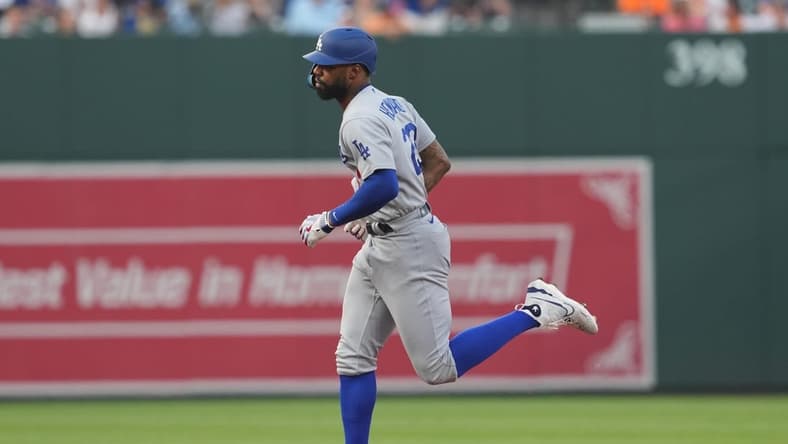 Jul 18, 2023; Baltimore, Maryland, USA; Los Angeles Dodgers outfielder Jason Heyward (23) rounds the bases following his three run home run in the second inning against the Baltimore Orioles at Oriole Park at Camden Yards. Mandatory Credit: Mitch Stringer-USA TODAY Sports