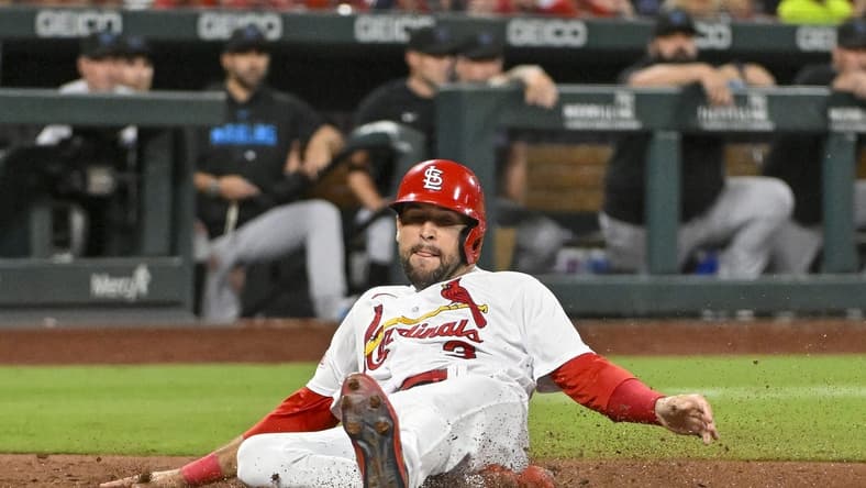 Jul 18, 2023; St. Louis, Missouri, USA; St. Louis Cardinals center fielder Dylan Carlson (3) scores against the Miami Marlins during the seventh inning at Busch Stadium. Mandatory Credit: Jeff Curry-USA TODAY Sports